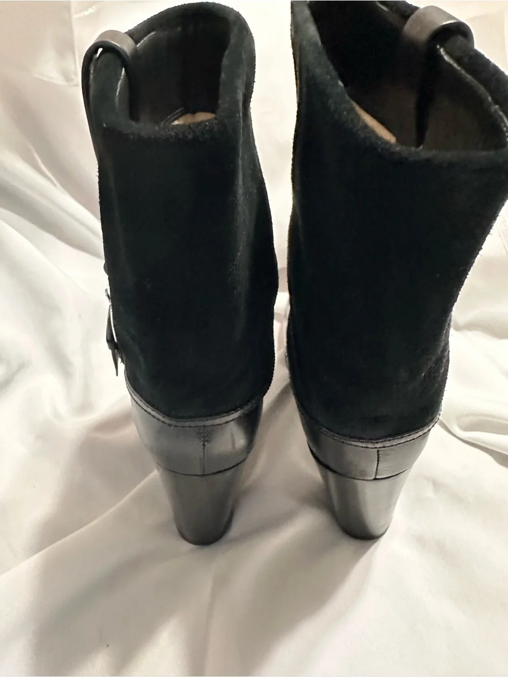 Michael Kors Black Leather & Suede Block Heel Ankle Boots with white MK Accent